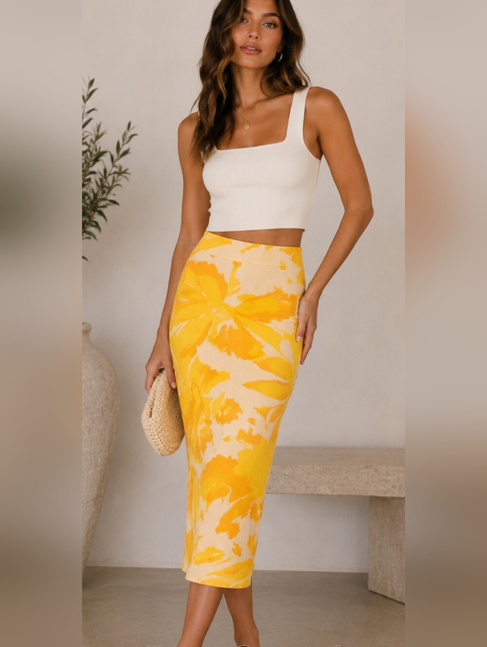 Zara Yellow Orange Floral Jacquard Knit Stretch Midi Skirt Size Small